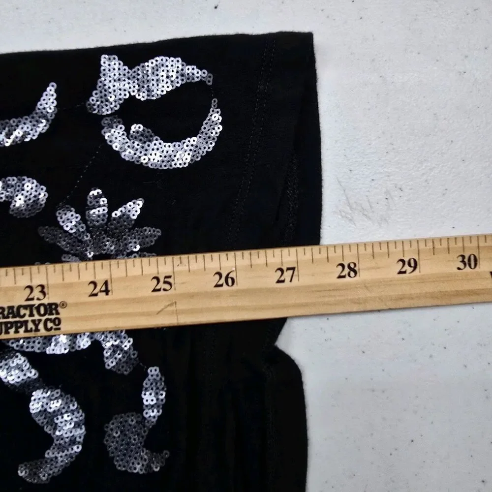 U-Knit Tank Top Womens Black Large Abstract Floral Silver Sequin Design